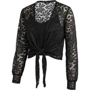 Amber Sky Sheer Lace Tie Front Crop Top Blouse Black XL Long Sleeve Smocked